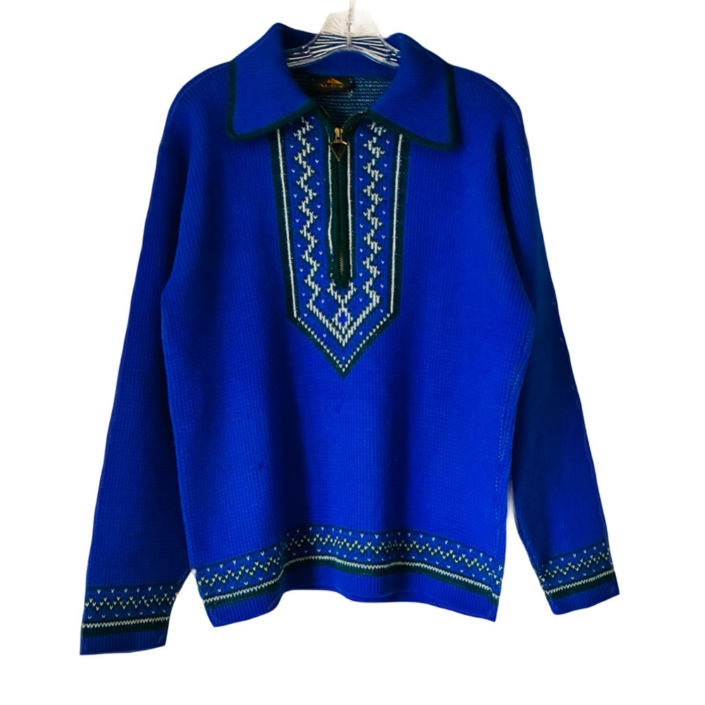 Alps Knitmeister Sweater, Sm, Royal Blue, Green/White Border, 1/4 Zip w/Collar